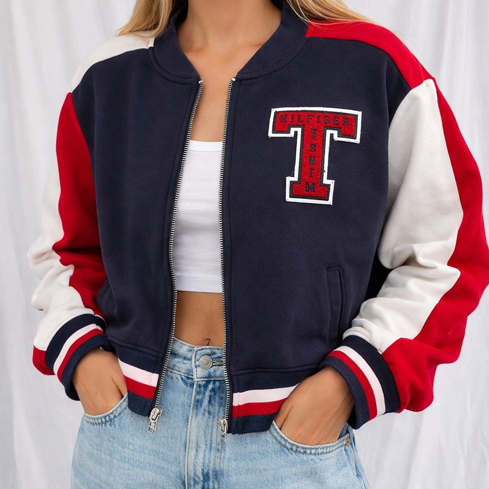 Tommy Hilfiger Denim Varsity Jacket XL Oversized Y2K Colorblock‎ Logo